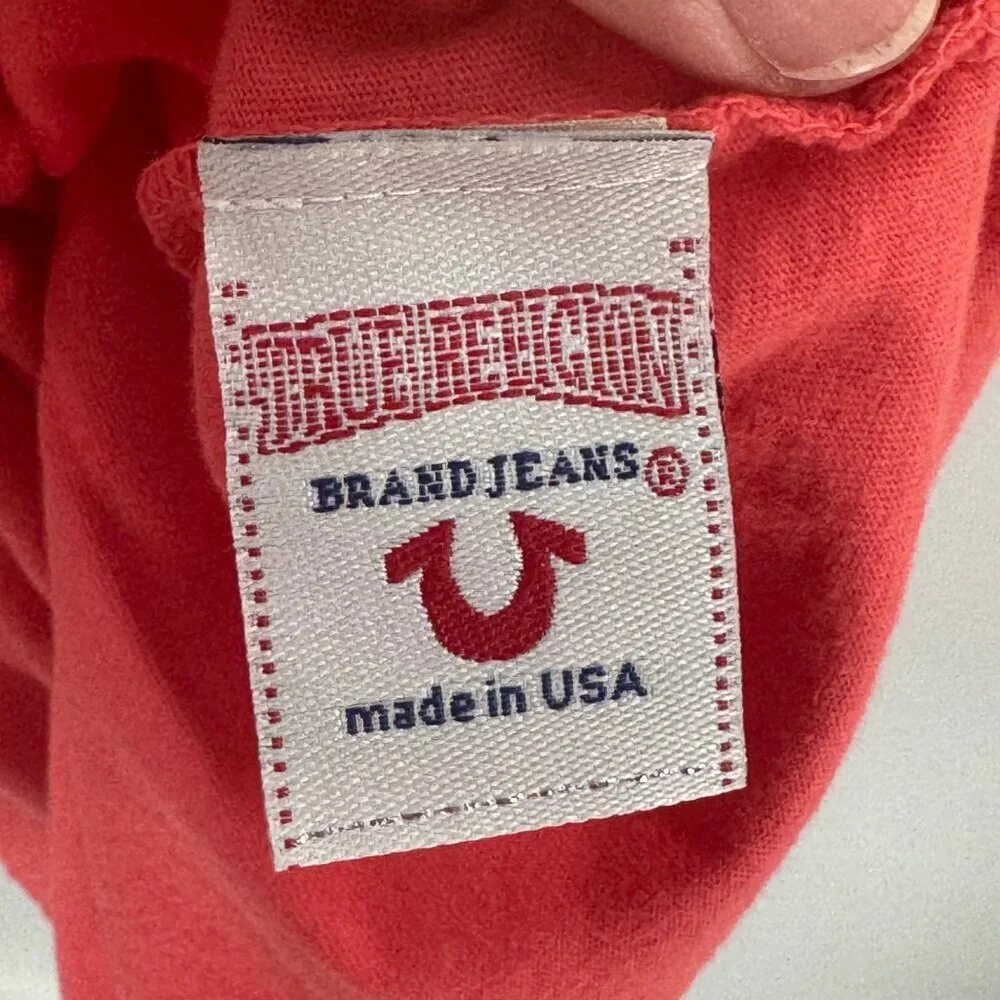 True Religion Red Puff Logo T-Shirt Mens 2XL Made In USA Graphic Buddha Design